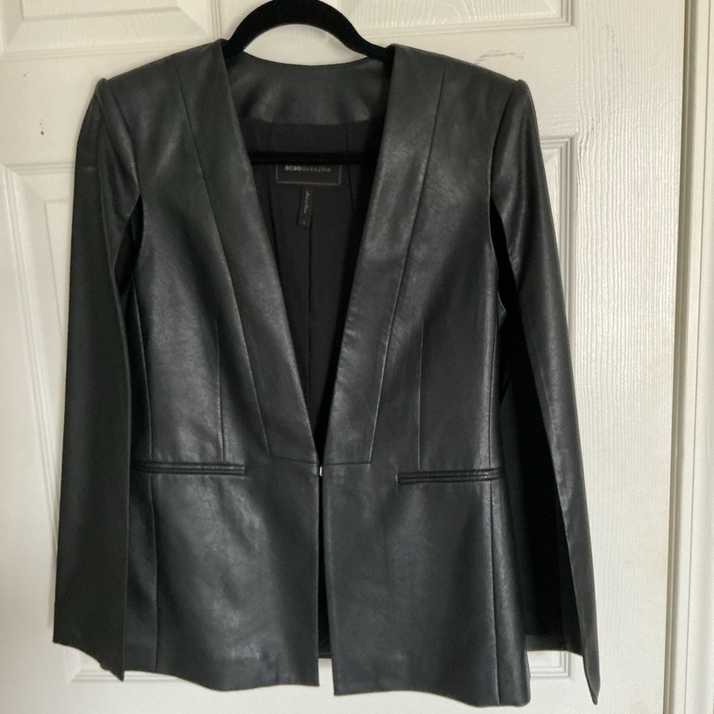 BCBGMaxAzria Black Faux Leather caped vest